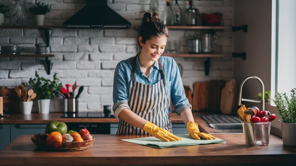 Deep Cleaning in the Kitchen The Heart of Your Home - A women is cleaning kitchen countertop using Bleach Spray