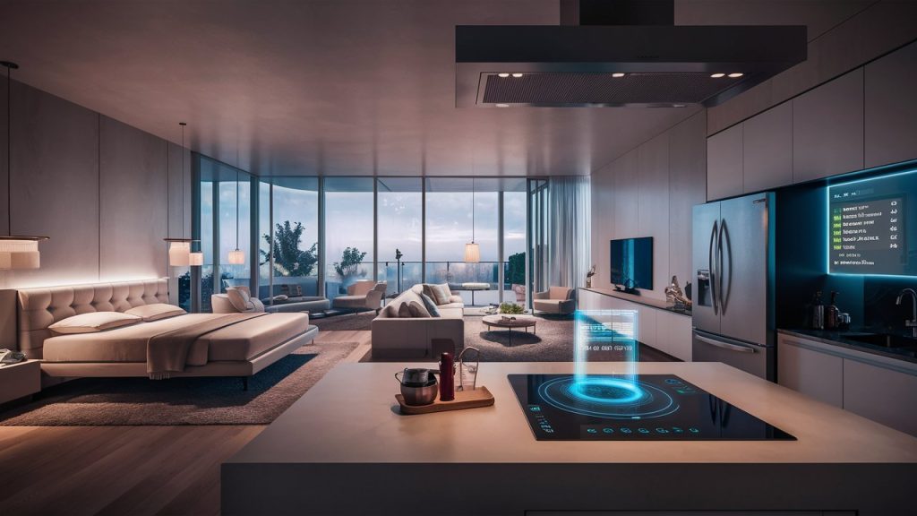 Modern smart home interior design featuring a spacious open-plan kitchen and living room with state-of-the-art appliances and futuristic technology.