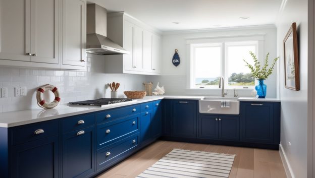 A kitchen with blue cabinets and white counter tops - Cobalt & White Coastal