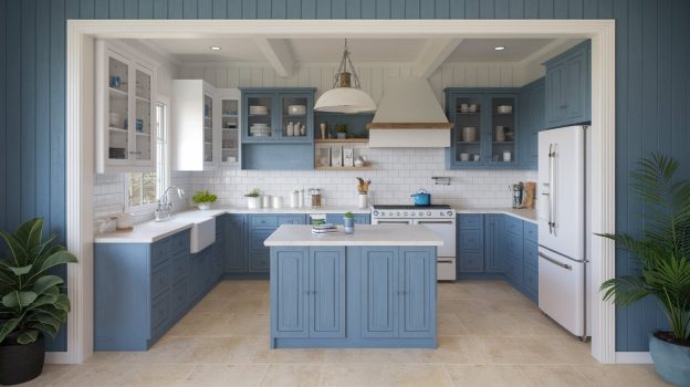 A kitchen with blue cabinets and white counter tops - Dusty Blue Farmhouse