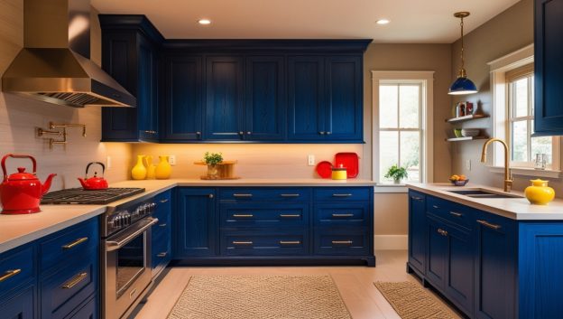 A kitchen with blue cabinets and a stove - Indigo Pop of Color