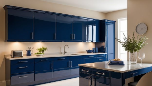 A kitchen with blue cabinets - Midnight Blue Gloss Finish