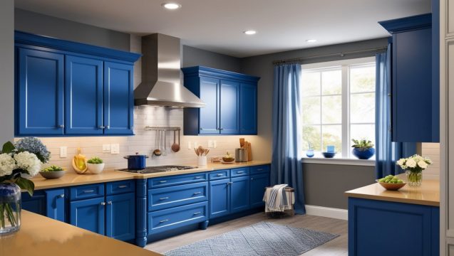 A kitchen with blue cabinets and a rug - Muted Blue & Gray Fusion