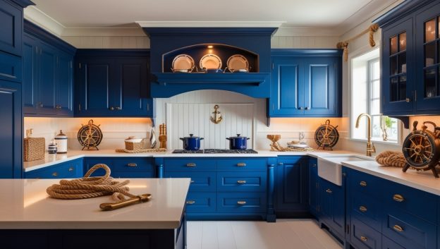 A kitchen with blue cabinets and white floors - Nautical Navy Charm