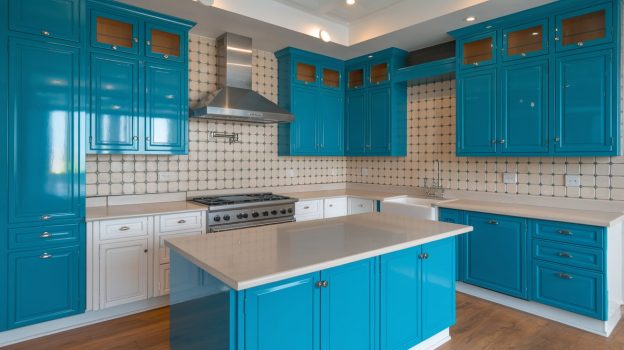 A kitchen with blue cabinets and white counter tops - Peacock Blue Chic