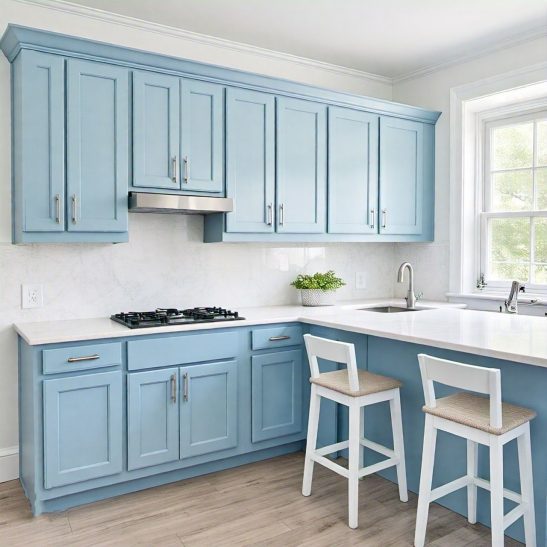 A kitchen with blue cabinets and white countertops - Powder Blue Coastal Cottage