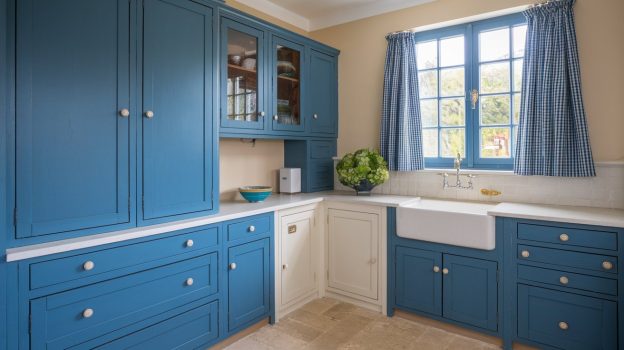 A kitchen with blue cabinets and sink - Seaside Serenity Cabinets