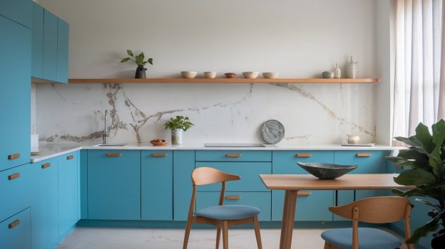 A kitchen with blue cabinets and a table - Serene Azure Contemporary