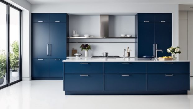 A kitchen with blue cabinets - Skyline Blue Modern