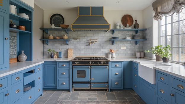 A kitchen with blue cabinets and white countertops - Stormy Sky Transitional