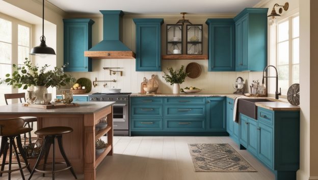 A kitchen with blue cabinets and a wood island - Teal Velvet Modern Farmhouse