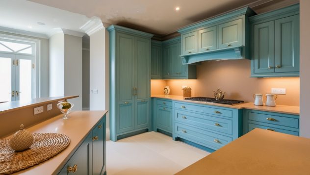 A kitchen with blue cabinets and a counter top - Turquoise Tones Classic