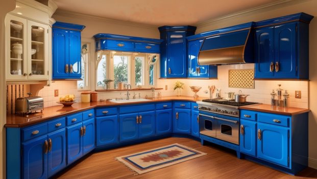 A kitchen with blue cabinets and a stove - Vivid Blue Retro Style