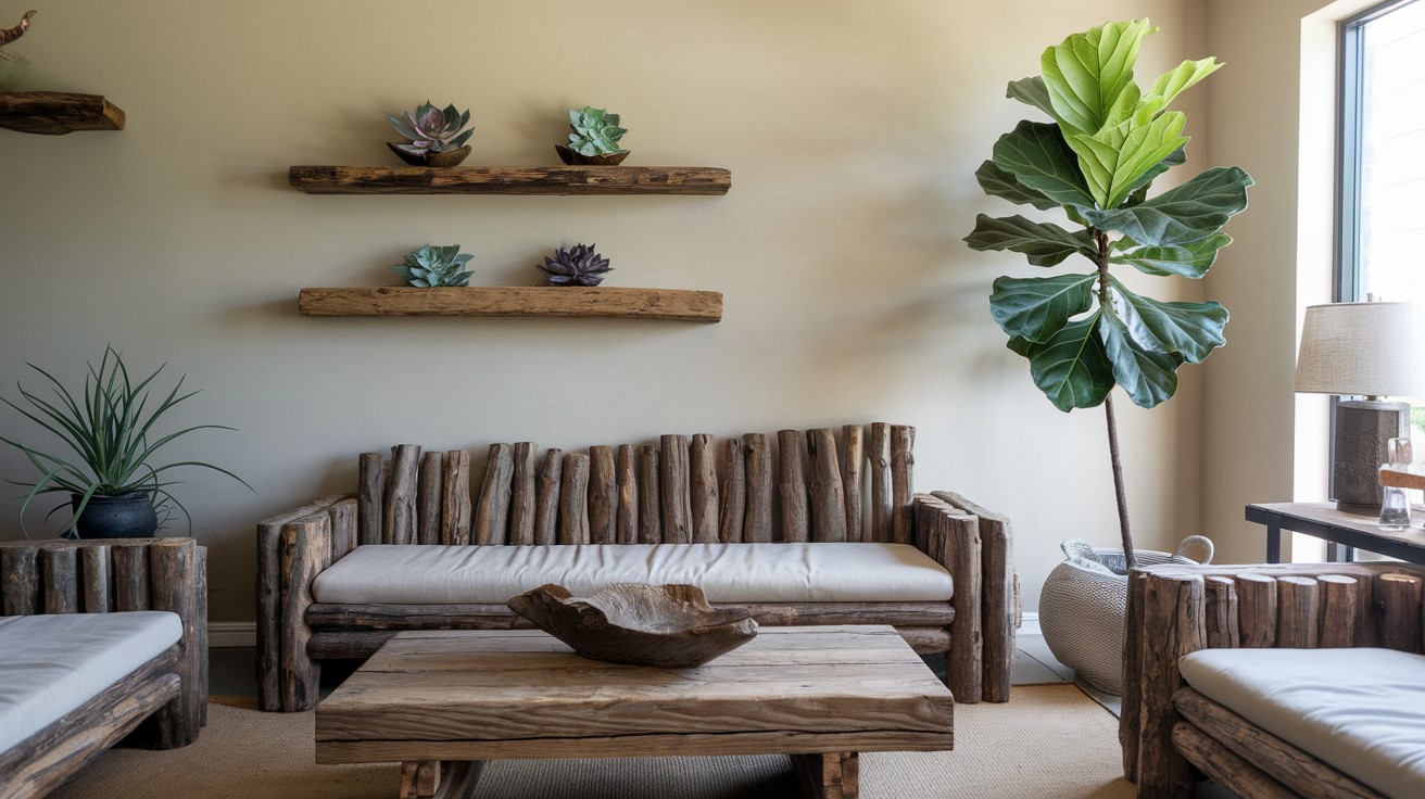 9 Easy Ways to Blend Modern Rustic Home Decor Into Your Home 6 Image showing a cozy modern rustic home decor space with greenery like a fiddle leaf fig and succulents.