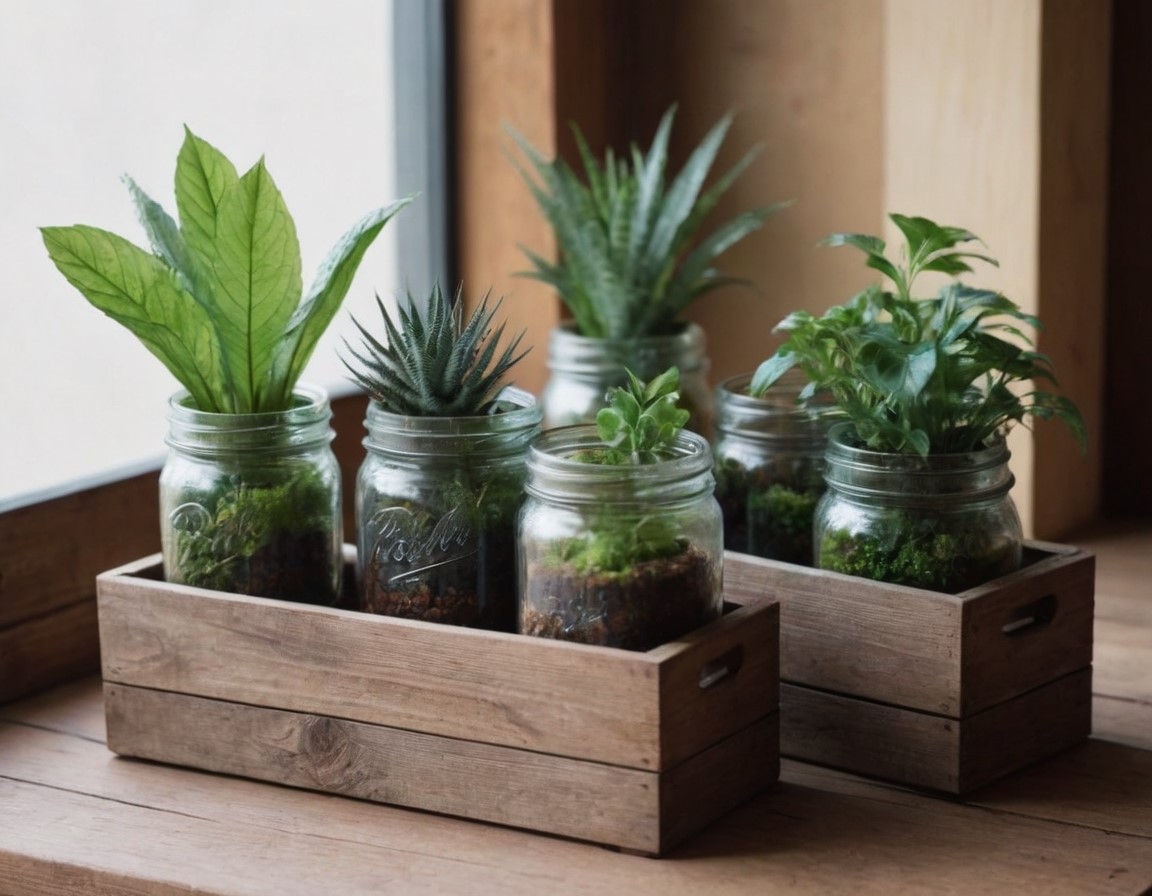 7 Budget-Friendly Rustic Home Decor Hacks You’ll Love 6 DIY rustic planters made from mason jars and wooden boxes, each filled with vibrant greenery