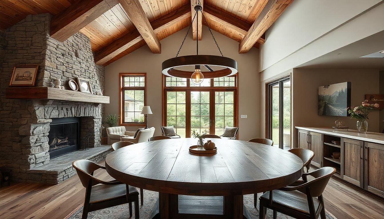 9 Easy Ways to Blend Modern Rustic Home Decor Into Your Home 5 Image of a modern rustic dining room with statement lighting like a wooden chandelier and industrial metal pendant lights.