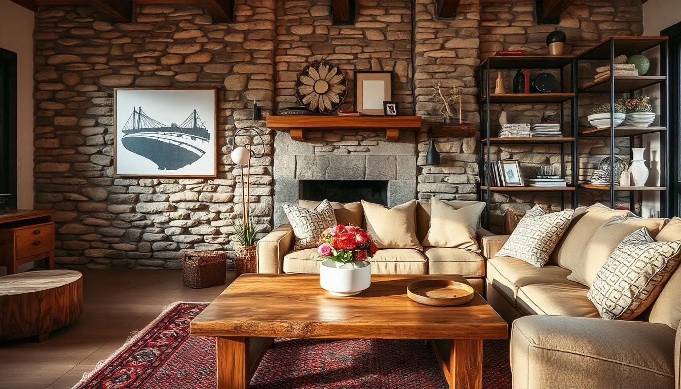 9 Easy Ways to Blend Modern Rustic Home Decor Into Your Home 4 Showcasing a room with wooden furniture, stone walls, and metal accents like iron shelves or lamps.