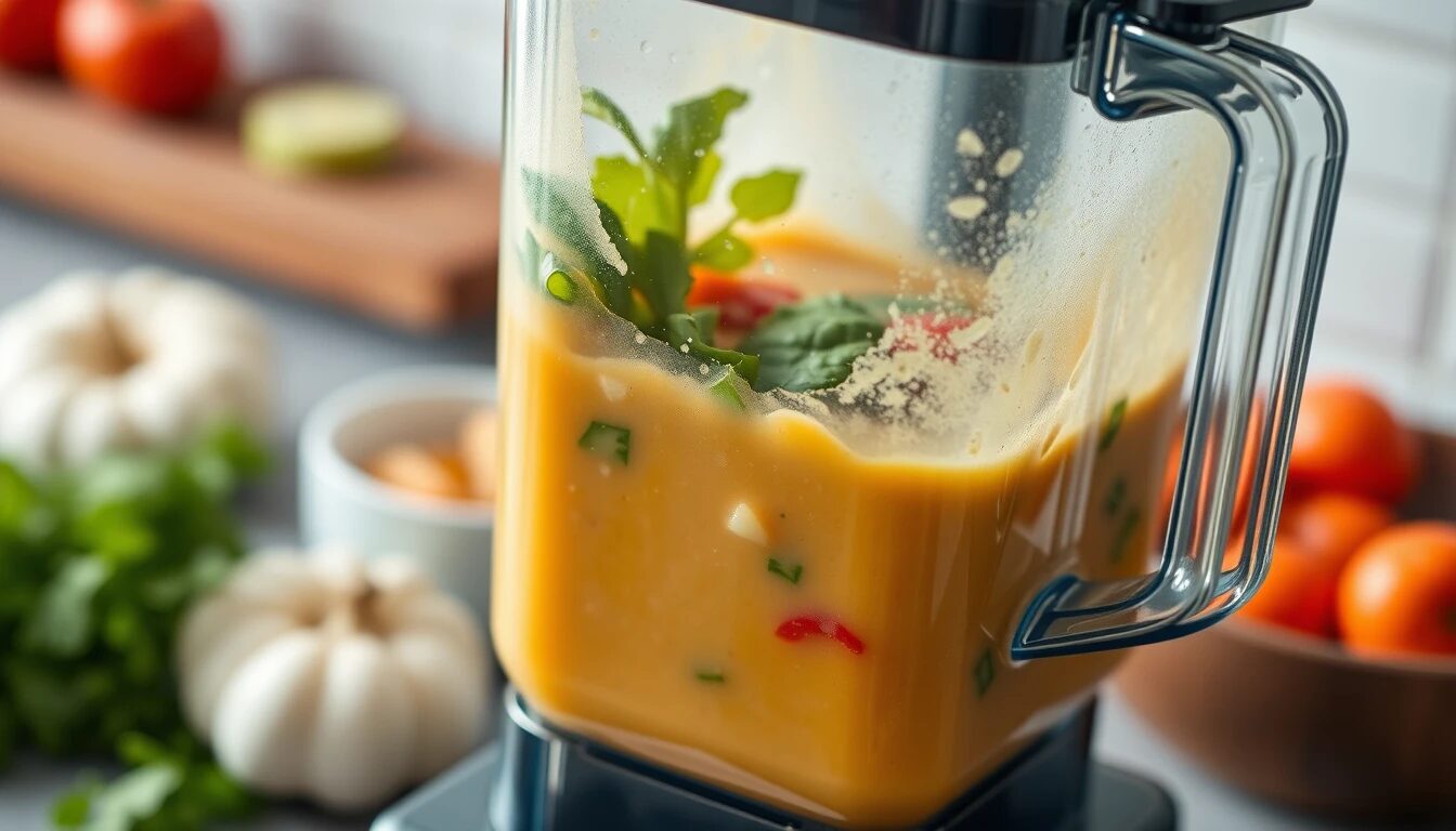 Top 6 Best Kitchen Gadgets for Vegetarians in 2025 3 High-speed blender in use, showing the blending of vegetables into a creamy soup that covers best Kitchen Gadgets for Vegetarians