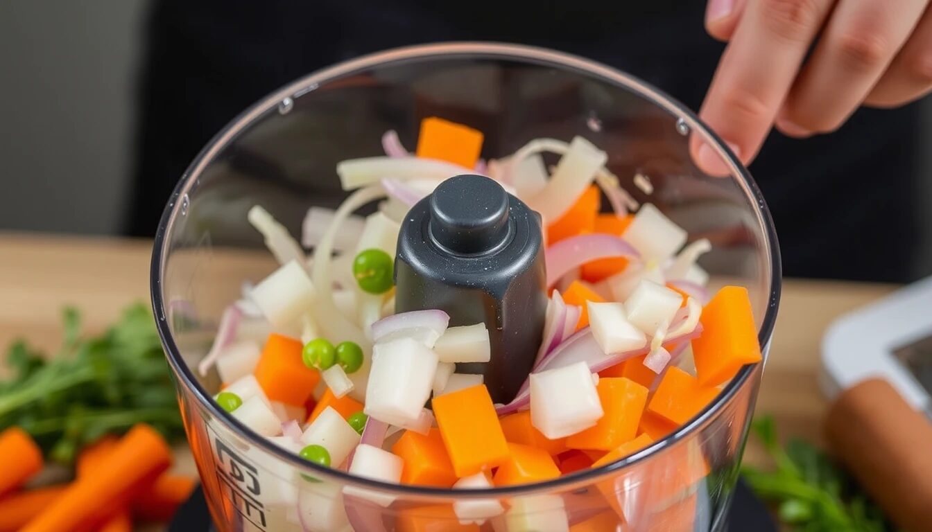 Top 6 Best Kitchen Gadgets for Vegetarians in 2025 5 A food processor chopping vegetables like onions and carrots.