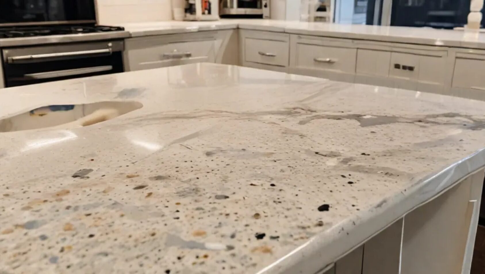 A photo showing visible mistakes like drips or uneven paint on a granite countertop.