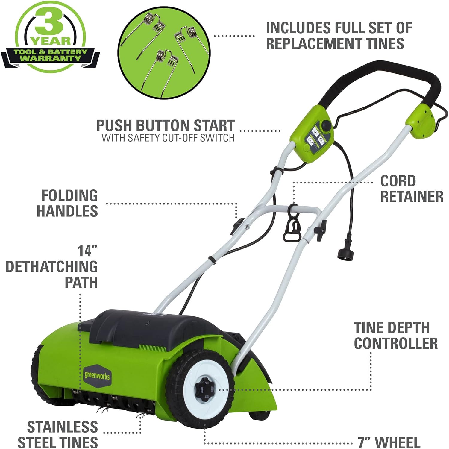 Greenworks 10 Amp 14” Corded Electric Dethatcher Review 3 Greenworks 10 Amp 14” Corded Electric Dethatcher (Stainless Steel Tines)