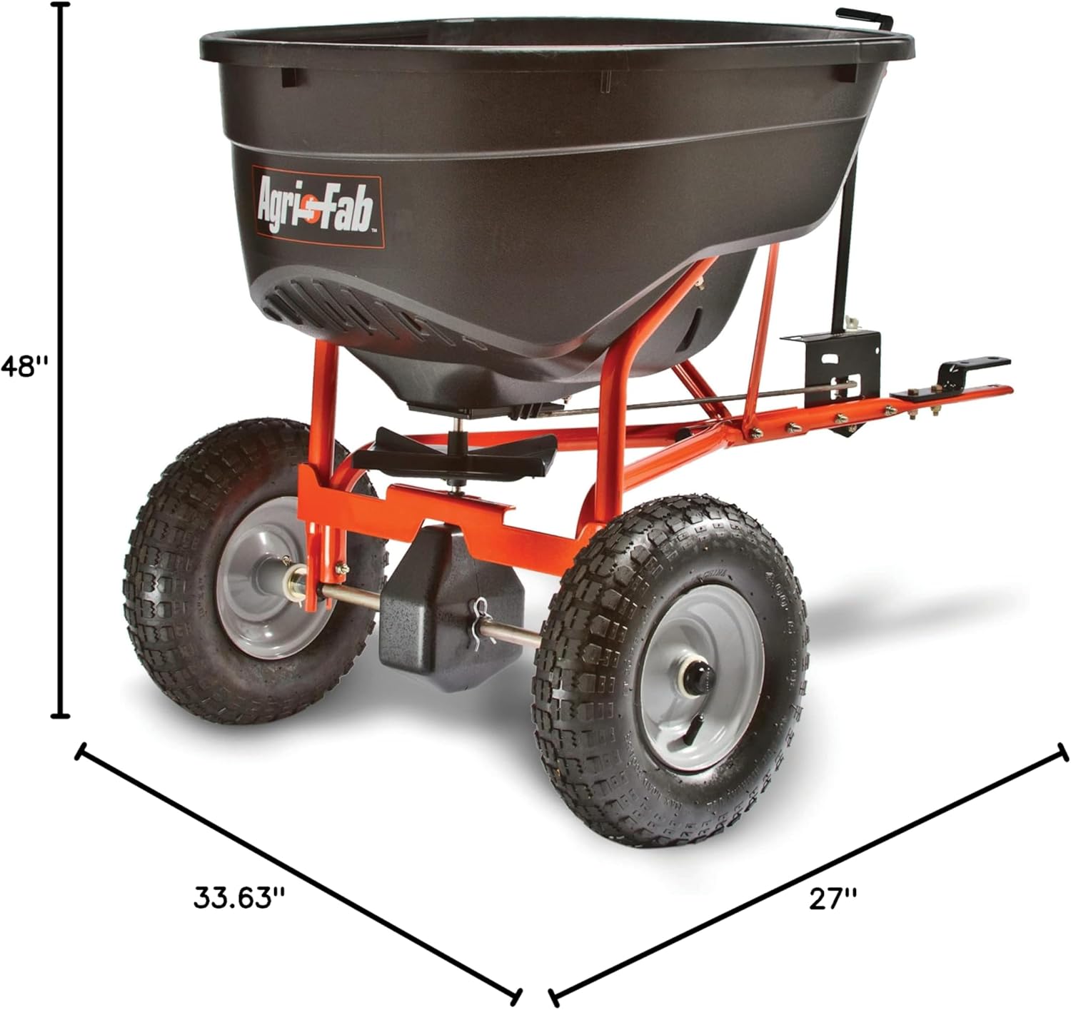 A black and orange wheelbarrow with the size of the wheelbarrow  Description automatically generated
