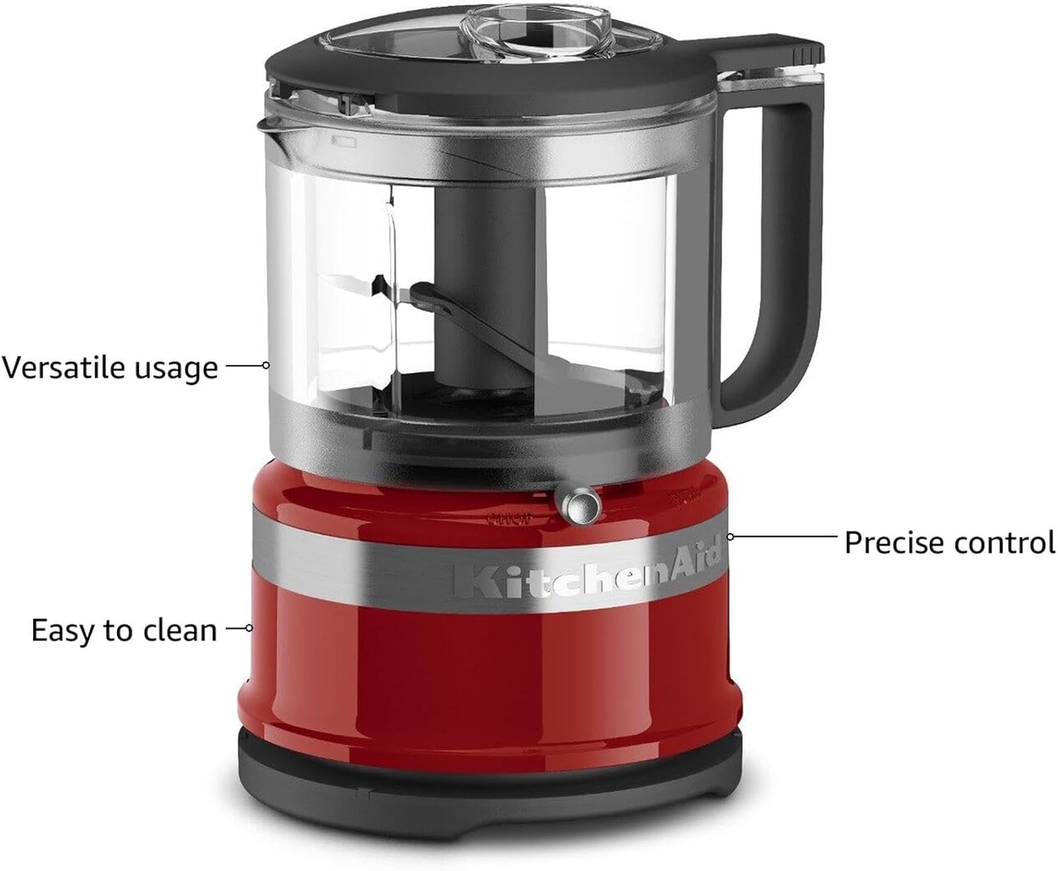 A red and silver food processor  Description automatically generated