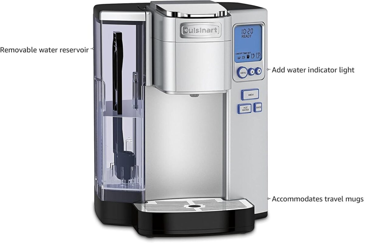 A silver and black coffee maker  Description automatically generated