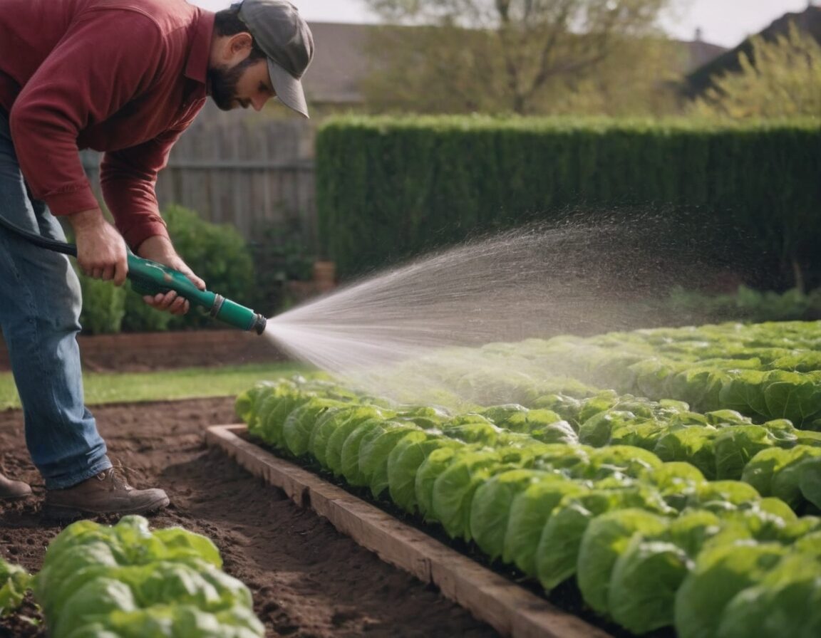 How to Combat Grubs in Your Arizona Garden with Beneficial Nematodes 4 A gardener applying nematodes to a vegetable garden using a hose attachment sprayer.