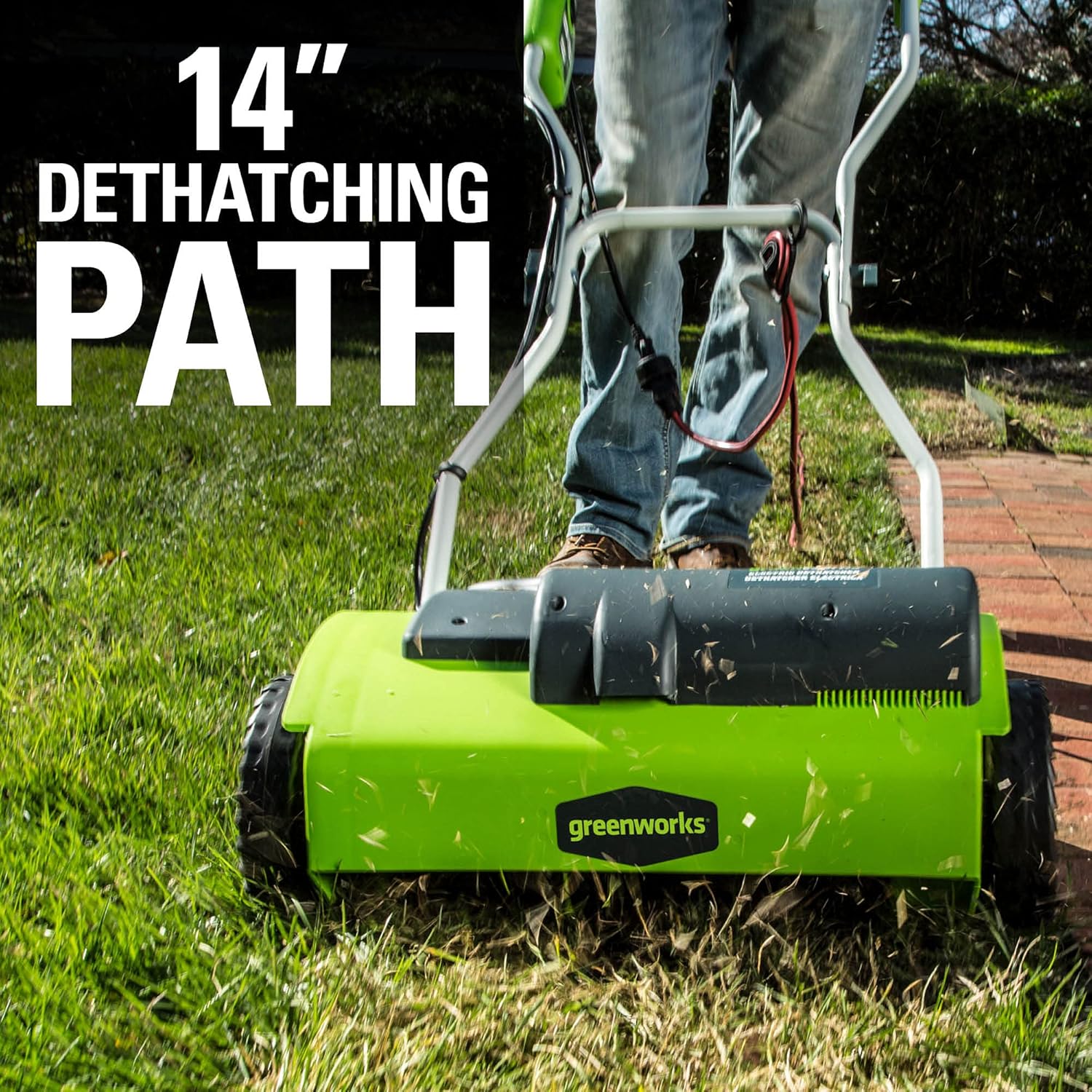 Greenworks 10 Amp 14” Corded Electric Dethatcher Review 6 A person on a lawnmower Greenworks 10 Amp 14” Corded Electric Dethatcher (Stainless Steel Tines)