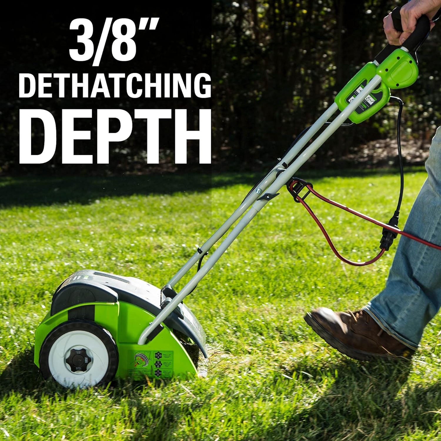 Greenworks 10 Amp 14” Corded Electric Dethatcher Review 7 A person using a lawnmower - Greenworks 10 Amp 14” Corded Electric Dethatcher (Stainless Steel Tines)