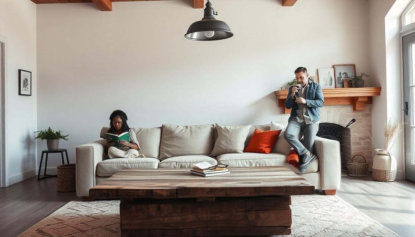 9 Easy Ways to Blend Modern Rustic Home Decor Into Your Home 3 a modern rustic home decor living room with neutral tones of white and gray walls, wooden furniture, and metal accents.