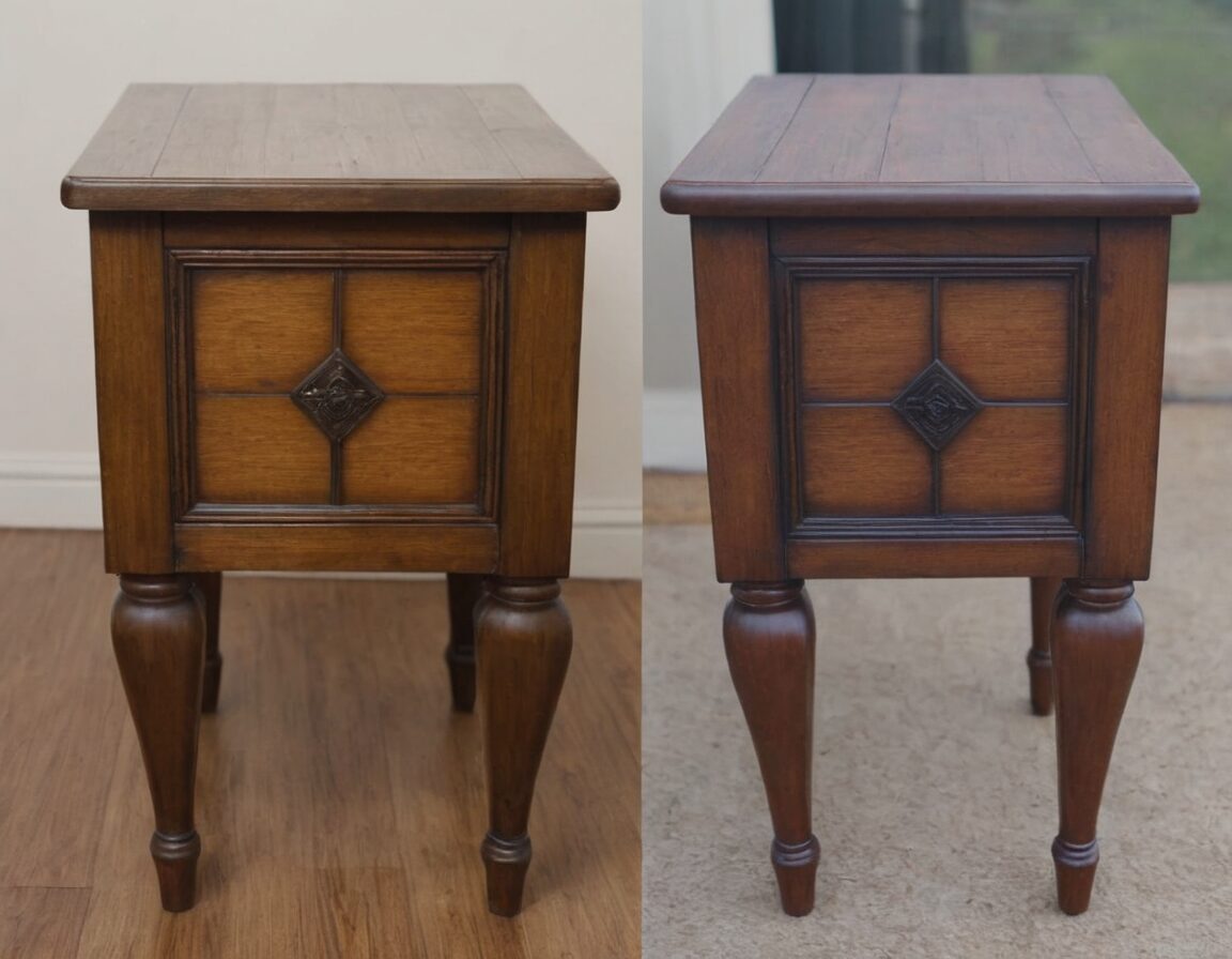 7 Budget-Friendly Rustic Home Decor Hacks You’ll Love 3 Before and after photo of a rustic furniture transformation