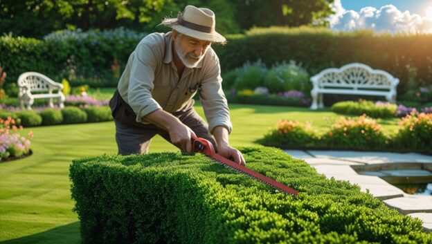 Best Garden Tools Reviews: Top Picks for 2025 4 A middle-aged gardener with a kind face, gentle eyes, and a few wisps of gray hair peeking out from under a worn straw hat, stands with a slight bend in their knees, intently focused on shaping a lush, vibrant green bush with a pair of sharp, rusty-red hedge trimmers, the clean, manicured garden behind them a tapestry of emerald lawns, crisp white stone pathways, and colorful blooming flowers, with a few delicate water features and ornate stone benches dotting the landscape, the sun casting a warm, golden light over the entire scene, with a few puffy white clouds drifting lazily across the bright blue sky.