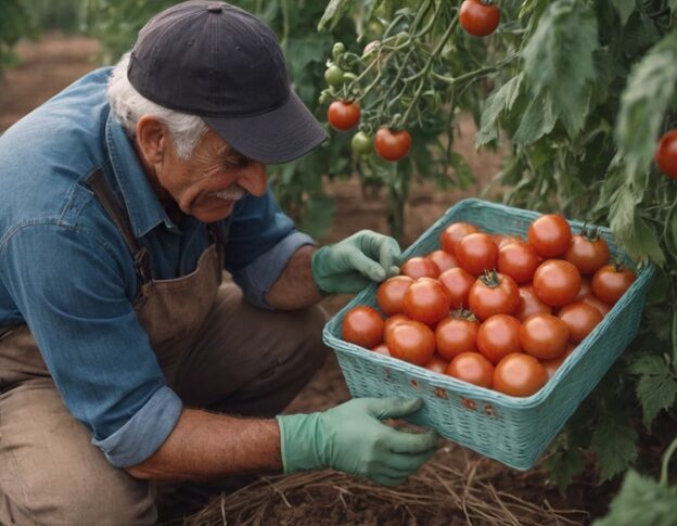 Top Garden Vegetables for a Delicious Summer Feast 4 a gardener harvesting ripe tomatoes from the vine.