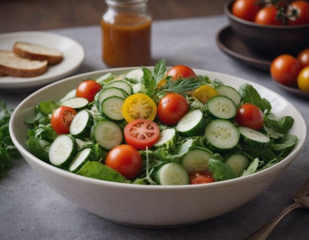 Top Garden Vegetables for a Delicious Summer Feast 5 a colorful summer garden vegetable salad with tomatoes, cucumbers, and herbs.