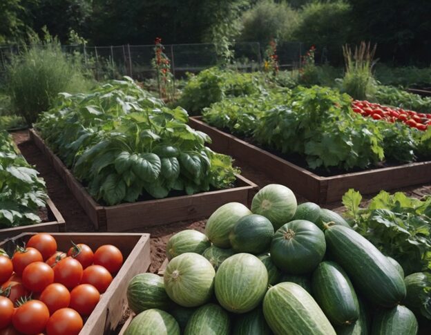 Top Garden Vegetables for a Delicious Summer Feast 6 a vibrant summer vegetable garden with tomatoes, cucumbers, and zucchini growing happily.