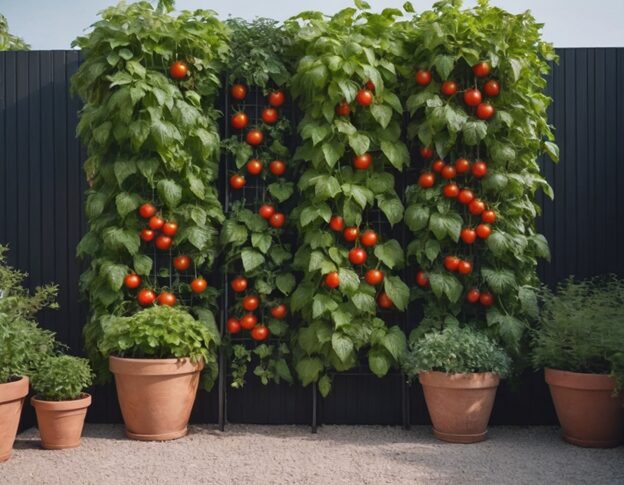 Top Garden Vegetables for a Delicious Summer Feast 3 photo of a vertical garden with tomatoes and cucumbers growing on trellises.