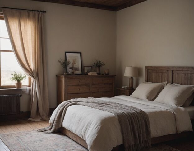 A cozy bedroom with linen curtains, a wool blanket, and cotton sheets