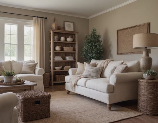 A farmhouse-style living room with neutral tones, wood elements, and rustic accessories