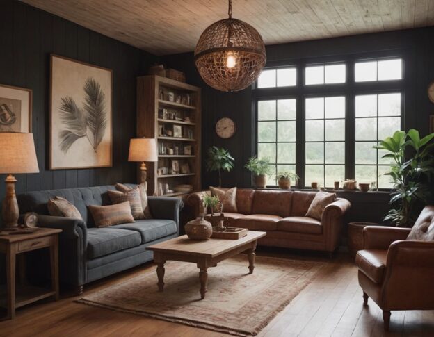 A room with a mix of vintage wooden furniture and modern lighting fixtures
