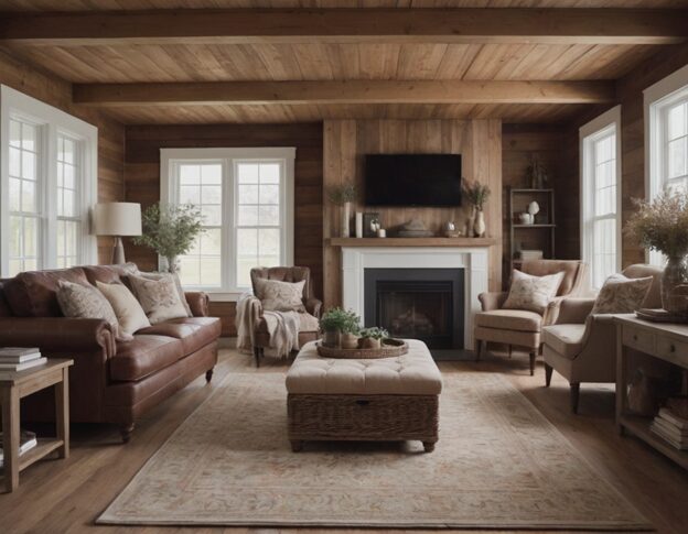a cozy farmhouse-style home filled with wooden elements, soft textiles, and vintage accessories, blending rustic charm with modern comfort.