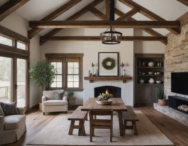 Wooden furniture, beams, and floors in a farmhouse-style living room