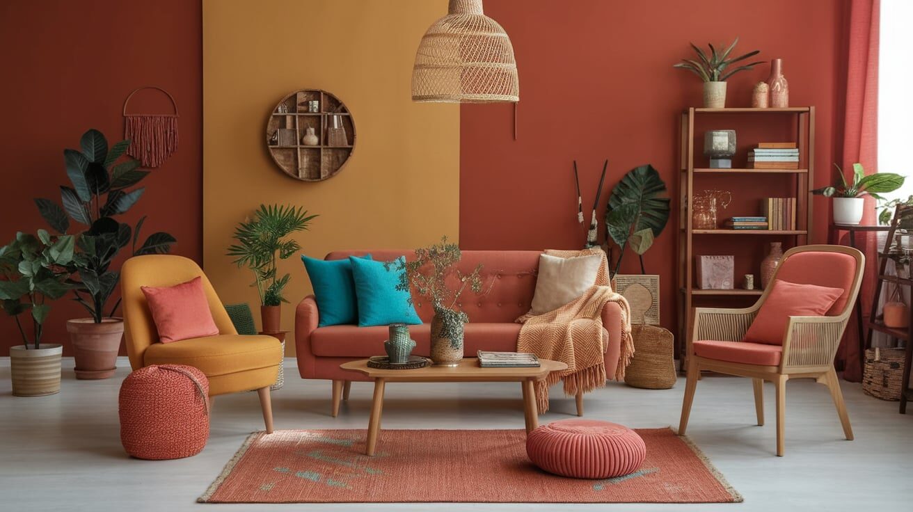 Boho Theme Living Room Decor: Where Comfort Meets Style 5 A living room with orange and yellow walls AI-generated content may be incorrect.