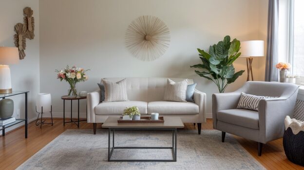 A living room with a couch and a coffee table  AI-generated content may be incorrect.