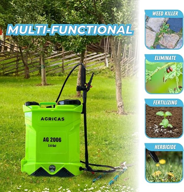 2.6 Gal Battery Powered Sprayer - Multifunctional Weed Sprayer for Lawn & Garden Review 5 A green container with a hose attached to it AI-generated content may be incorrect.