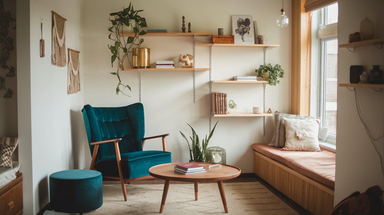 Boho Theme Living Room Decor: Where Comfort Meets Style 6 A room with a blue chair and a coffee table AI-generated content may be incorrect.