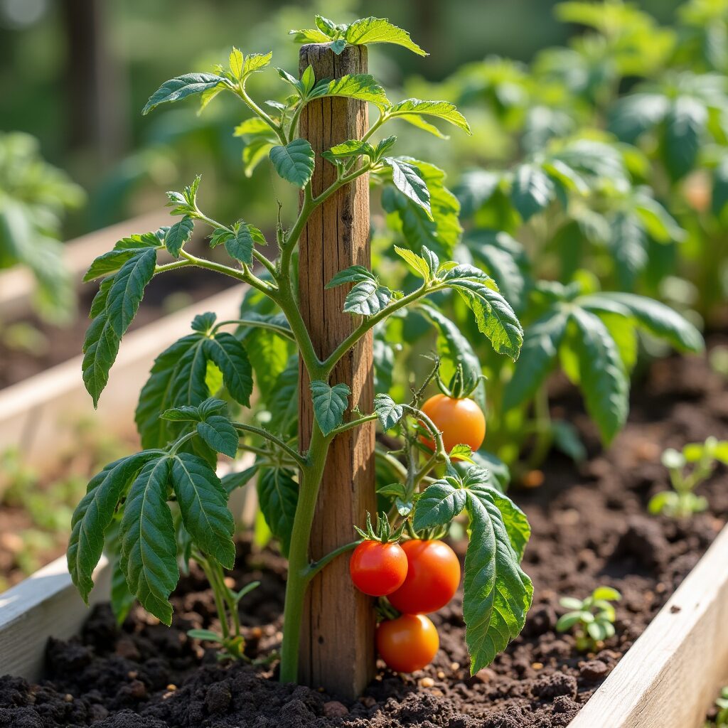 Top Tips for Raised Bed Gardening Tomatoes 4 Staked and pruned tomato plant in a raised bed
