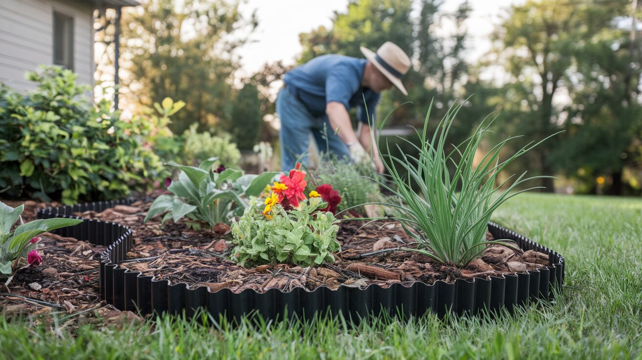 Homeowner Installing Edging for DIY Bed
