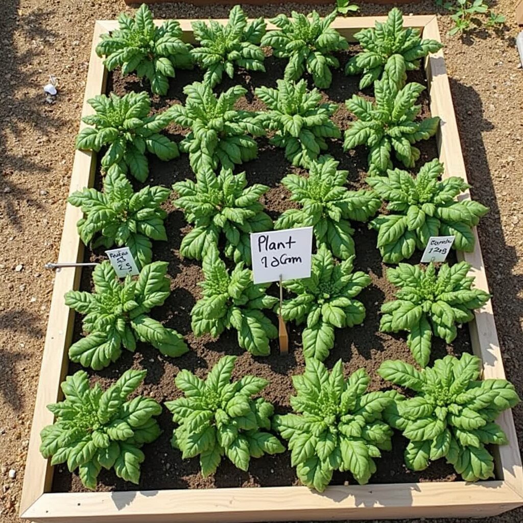 Top Tips for Raised Bed Gardening Tomatoes 3 Overhead view of spaced tomato plants in a raised garden layout